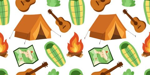 Camping pattern with adventure gear featuring orange tents, campfires, sleeping bags, acoustic guitars, green bushes, and travel maps — perfect for outdoor-themed wrapping paper, hiking and camping