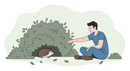 Obraz premium Pointing Man Finds Hedgehog Hiding In A Bush Animal Encounter In Nature