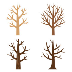Fototapeta premium Four stylized bare deciduous trees with brown and yellow trunks and branches isolated on white background