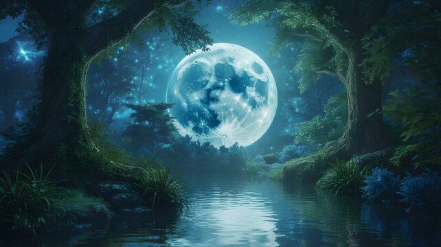 Enchanting forest scene with a luminous full moon reflecting on a tranquil river at night.