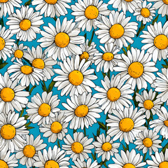 Fototapeta premium A cheerful pattern of white and yellow daisy flowers on a light blue background.
