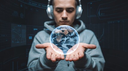 Young tech enthusiast holding digital earth in futuristic space