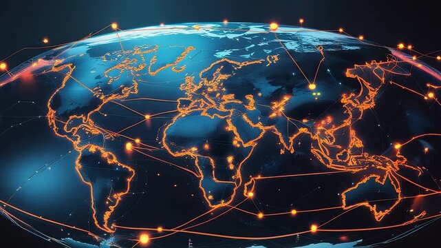Digital glowing world map with bright orange network connections linking continents on dark blue globe in futuristic global communication concept