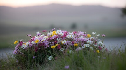 Obraz premium Vibrant wildflower bouquet bursts with pink, white, yellow colors at dawn