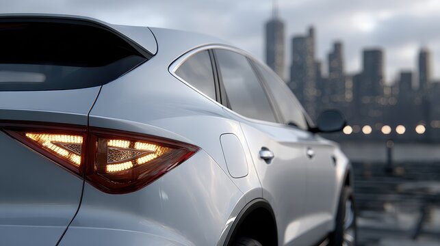 Detailed shot of a sleek SUV with reflective chrome taillights against a cityscape, highlighting contemporary design and craftsmanship