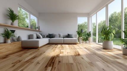 Fototapeta premium Neutral colors and natural materials create a tranquil atmosphere with a beige sofa, wooden flooring, and vibrant greenery throughout
