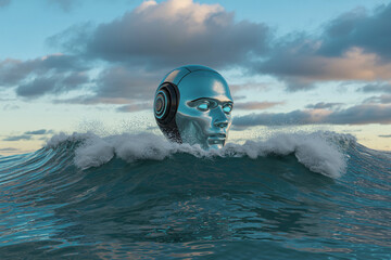 Futuristic AI head emerging from ocean waves, symbolizing innovation, technology, and a new era of artificial intelligence