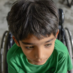 Obraz premium A poignant close-up of a child's face looking down with a somber expression.