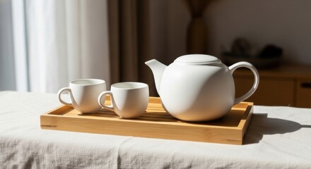 Fototapeta premium White ceramic teapot and two cups on a bamboo tray with natural light image