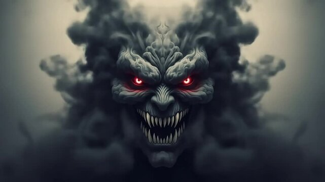 A menacing creature with glowing red eyes and sharp teeth emerges from a shadowy, ominous background, ready to strike.