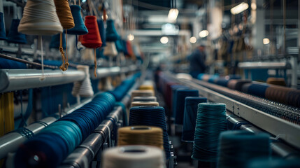 Fototapeta premium Workers in a large, industrial factory setting, operating heavy machinery.