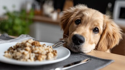 A golden retriever sits at a beautifully set dining table, gazing into the camera as delicious food is spread out around it