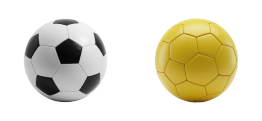 Soccer and yellow balls displayed in studio sports equipment product minimalist environment. Set cut out PNG