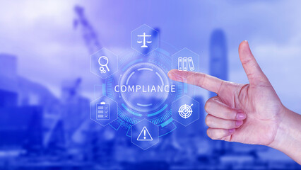 Fototapeta premium Compliance. Compliance concept with icons and text. Regulations, law, standards, requirements, Rule, audit diagram on virtual screen, Business internet technology