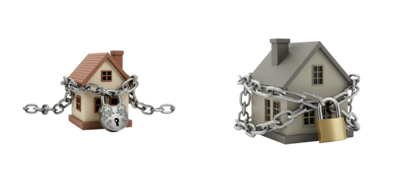 Home security measures protecting your property with chains and locks indoor setting conceptual. Set cut out PNG