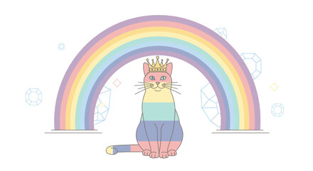 Rainbow cat with crown illustration in pastel colors, surrounded by diamonds graphic element isolated on white background