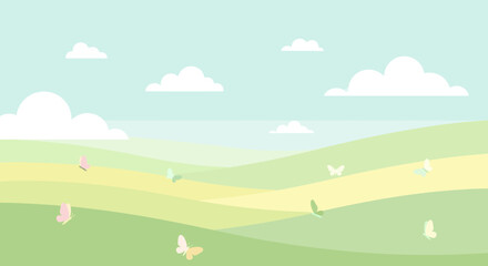 Fototapeta premium Serene landscape with rolling hills, butterflies, and gentle clouds in a bright sky perfect for spring