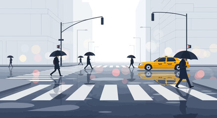 Obraz premium Rainy day scene with people crossing a street and a yellow cab in the city