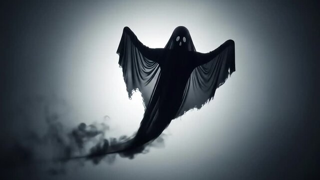 A spectral figure with a dark cloak and outstretched arms floats against a blurred, gradient background, creating an eerie atmosphere.