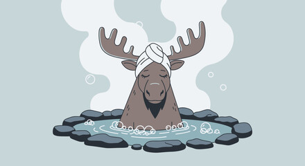 Relaxing retreat: A charming moose enjoying a spa day in a serene hot spring illustration