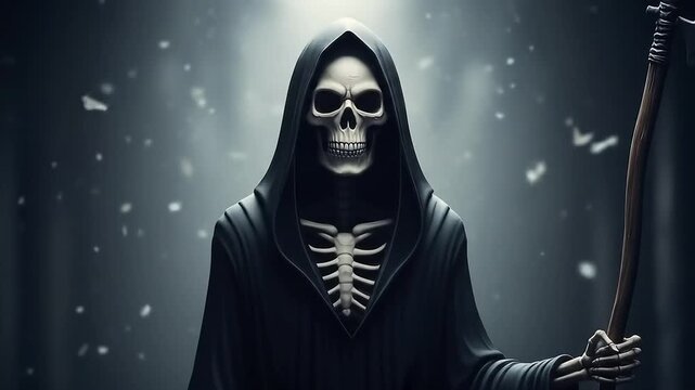 A spectral figure, cloaked in darkness, stands amidst a shadowy forest, holding a scythe, embodying mortality and the inevitable end.