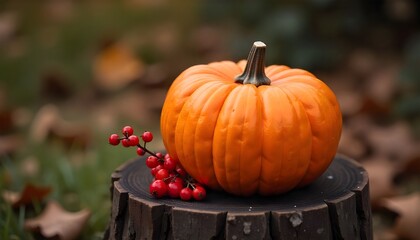 Orange Pumpkin with Red Berries On a Rustic Stump in Autumn