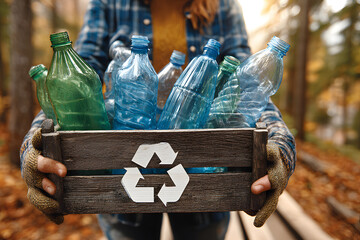 A woman holding a recycle bin with plastic bottles in the outdoors