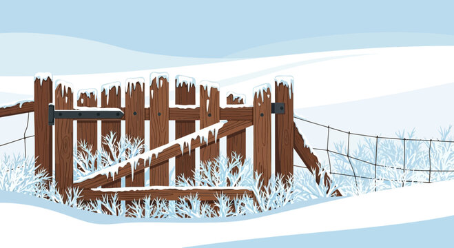 Serene Winter Landscape Featuring A Snow Covered Fence In A Snowy Field