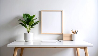 Minimal White Desk Setup Featuring a Single Leafy Green Plant and Wooden Elements in a Brightly Lit Room
