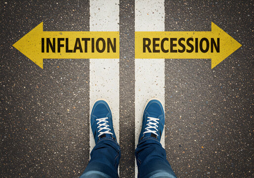  Feet walking on floor marked "INFLATION" and "RECESSION"