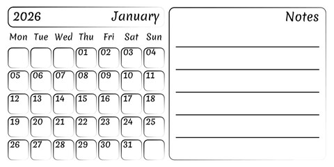 Calendar month January 2026 with copy space and notes. Vector convenient isolated template diary in flat style. Possibility to add reminders, notes, plans, statistics, habits.