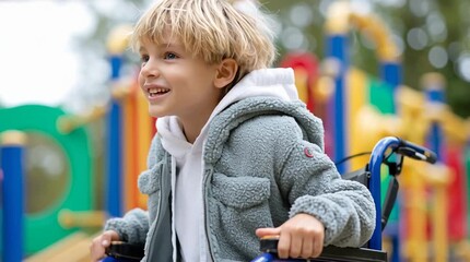 Joyful boy in wheelchair enjoying playground adventure with bright autumn background - Powered by Adobe
