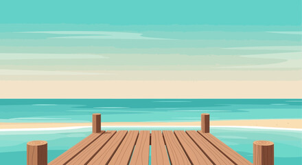 Fototapeta premium Scenic seascape illustration with a wooden pier extending into calm turquoise water and a light blue sky a relaxing coastal view