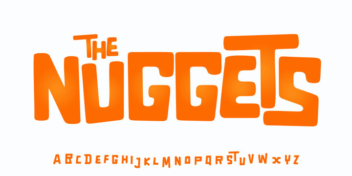 Naklejki Cheerful geometric alphabet, playful happy cartoon font for kids logo, snack nuggets headline, fun typography, modern comic typographic design. Vector typeset