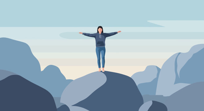 Silhouette of a woman standing on a rock with arms outstretched against a calming pastel sky and rocky landscape background