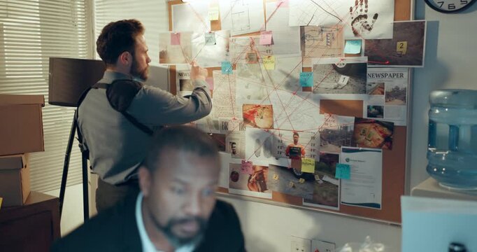 Man, detective and crime board with tablet for police work, murder mystery or serial killer. Male person, officer or night investigation with technology or map for evidence or tracking suspect case