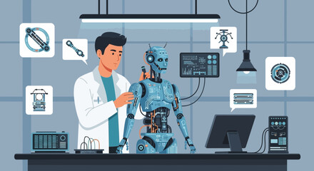 Scientist in laboratory creating and testing humanoid robot for innovative future technology