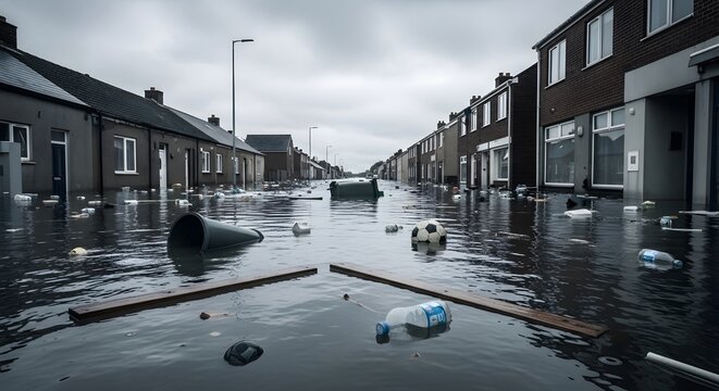 A flooded residential street shows the aftermath of a disaster with debris, including a soccer ball and overturned trash can, floating in the water.