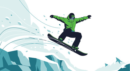 Naklejka premium Snowboarder catching air in the mountains, a stylized vector illustration full of action and energy