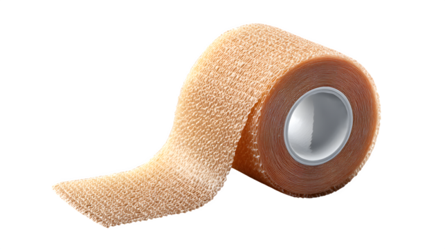 Professional cohesive elastic bandage tape provides reliable support and protection for injuries and athletic needs, ensuring comfort and durability. Isolated to Transparent Background