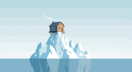 Fototapeta premium Solitude in the Arctic: A Small Cabin Atop a Towering Iceberg in Cold Waters