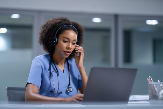 African american female nurse providing telehealth support from a call center - Powered by Adobe