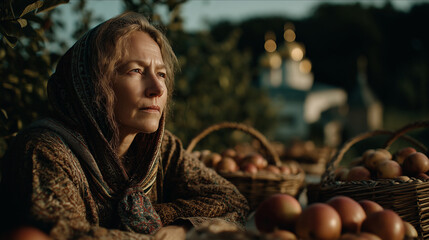 Elderly woman contemplating near apple baskets in traditional setting, concept of Apple Spas  