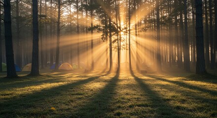 Fototapeta premium Forest campsite bathed in golden sunlight