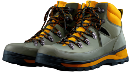Conquer any terrain with these rugged, stylish hiking boots featuring durable construction and vibrant orange accents for ultimate outdoor adventure. Isolated to Transparent Background