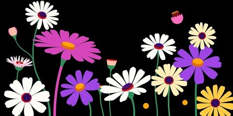 Geometric brutalist style abstract flower set; black background, vector illustration, minimal daisy elements,  edgy,   vector art