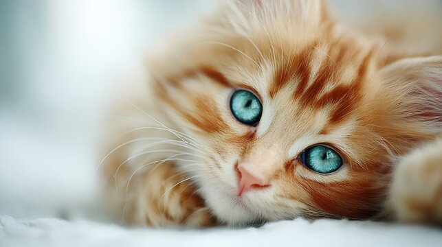 Fluffy orange cat with blue eyes relaxing on a soft surface in cozy setting - Powered by Adobe