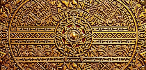 Intricate, gold-toned Aztec metalwork, repeating geometric design,   antique,  ancient