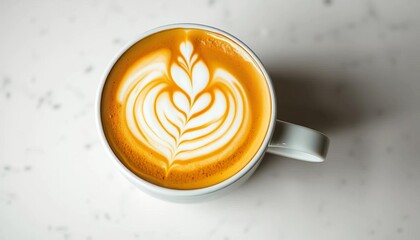 Intricate latte art, creamy foam design in a pristine white cup,  coffee,  morning coffee