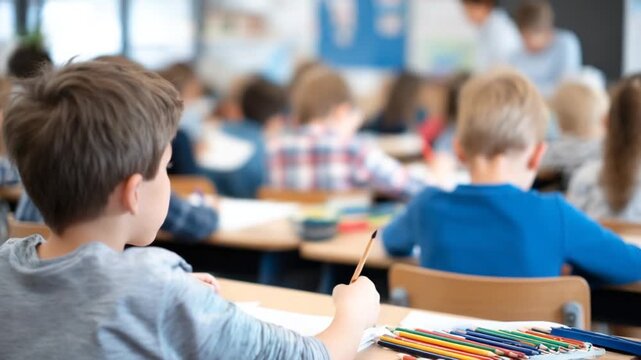 A well-organized classroom scene with a focused student taking math notes, surrounded by neatly arranged stationery, as attentive peers listen to the teacher. - Powered by Adobe